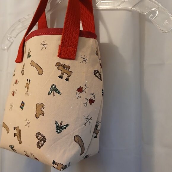 NEW Reusable Fabric Gift Bag Christmas Moose Beige Red Farmhouse style 8x8x4" - Picture 2 of 5